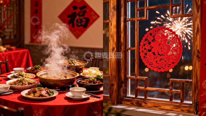 高清大图下载【趣麦麦图】春节家庭聚餐与窗外烟花