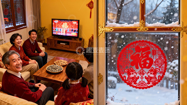 家庭团聚看春晚窗外雪景