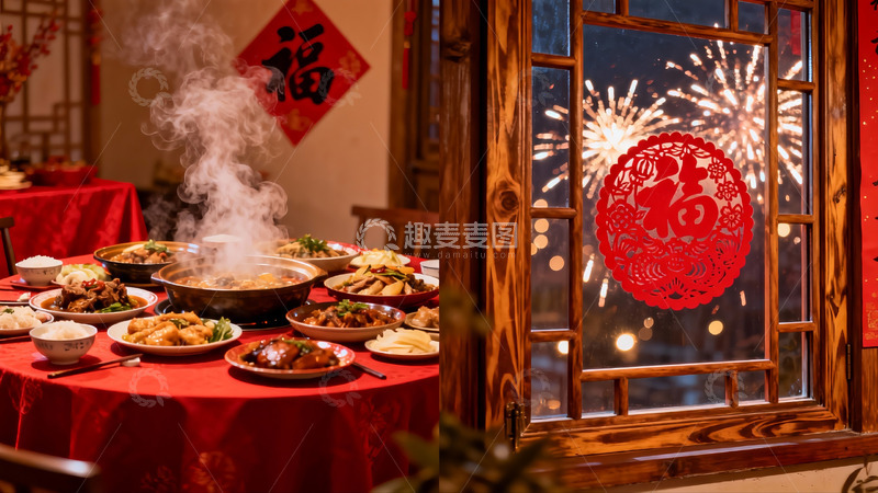 高清大图下载【趣麦麦图】年夜饭窗外烟花绽放