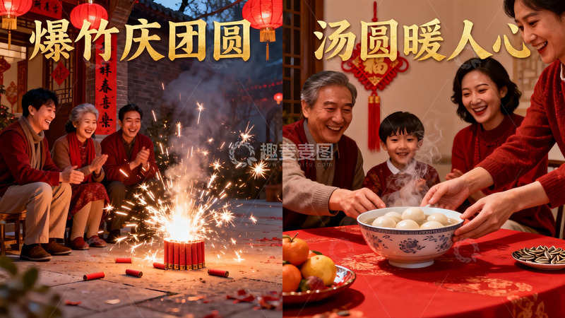 高清大图下载【趣麦麦图】春节团圆夜烟花汤圆共庆