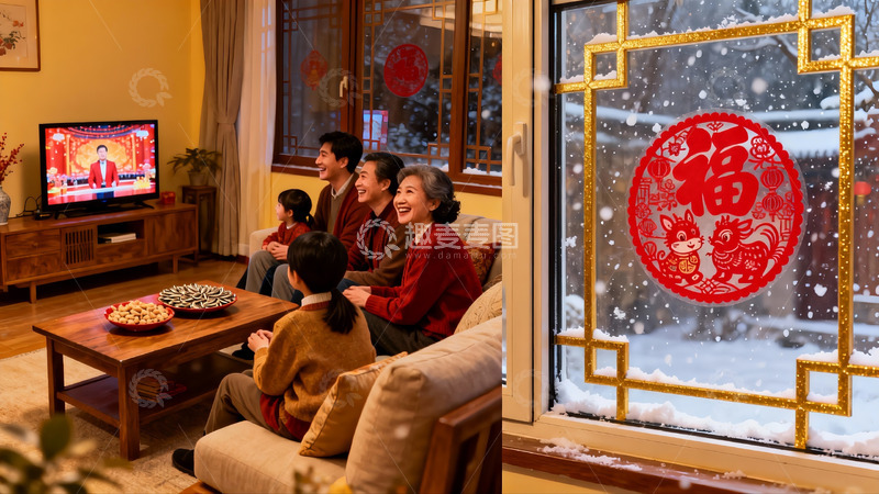 高清大图下载【趣麦麦图】家庭春节团聚看电视