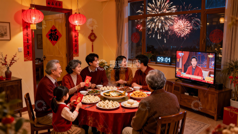 高清大图下载【趣麦麦图】家庭除夕夜团圆饭看烟花