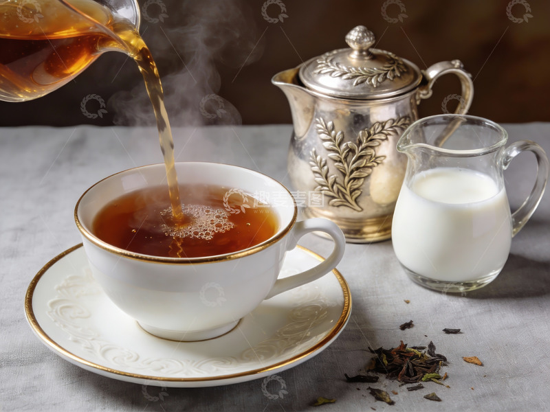 高清大图下载【趣麦麦图】热茶倒入杯中蒸汽升腾