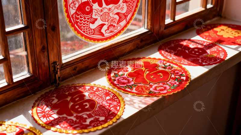 高清大图下载【趣麦麦图】窗台上贴着红色福字剪纸