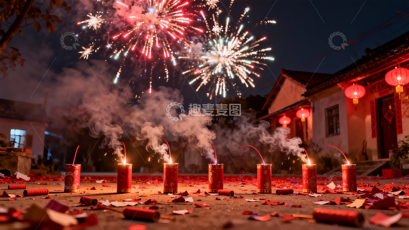 高清大图下载【趣麦麦图】夜空烟花绽放鞭炮燃放