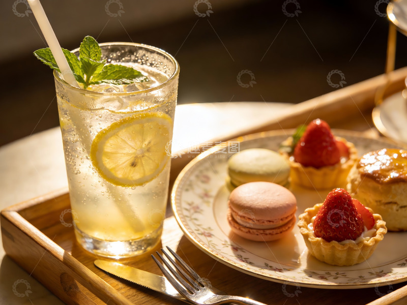 高清大图下载【趣麦麦图】阳光下午茶柠檬饮品与精致甜点