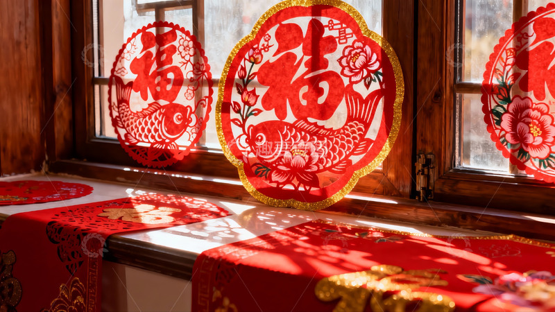 高清大图下载【趣麦麦图】窗边红色剪纸福字装饰