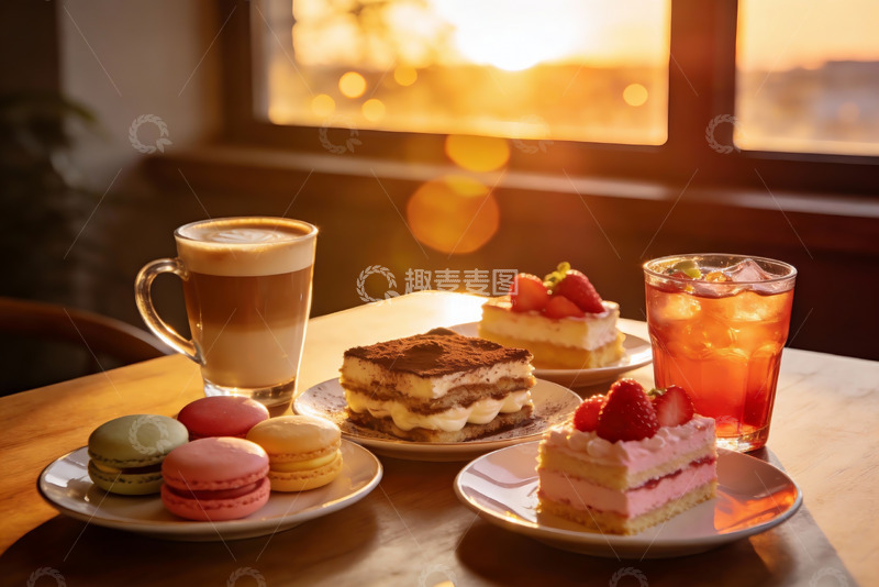 高清大图下载【趣麦麦图】咖啡甜点与夕阳美景