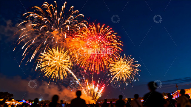 夜空烟花绽放人群观赏