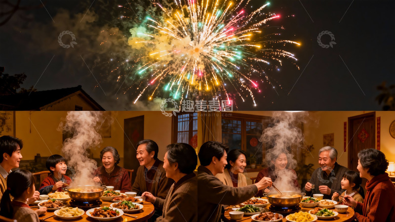 高清大图下载【趣麦麦图】烟花下的家庭聚餐温馨场景