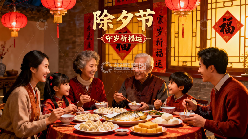 高清大图下载【趣麦麦图】除夕团圆饭家人欢聚一堂