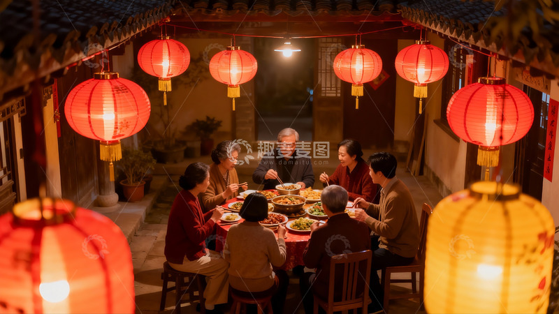 高清大图下载【趣麦麦图】月下庭院团圆饭