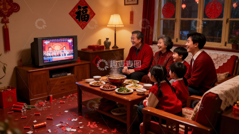 高清大图下载【趣麦麦图】春节家庭团聚看电视吃年夜饭