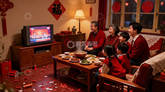 春节家庭团聚看电视吃年夜饭