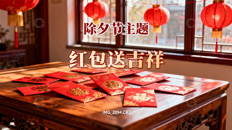 高清大图下载【趣麦麦图】除夕红包摆桌红灯笼高挂