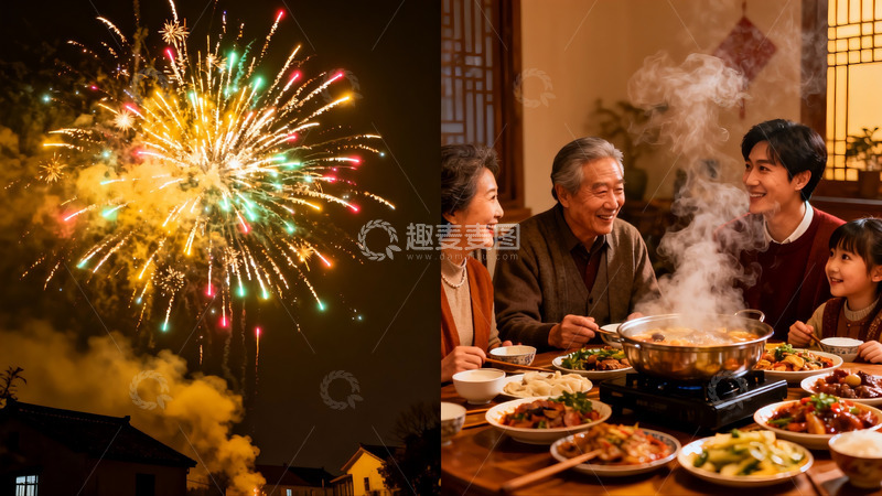 高清大图下载【趣麦麦图】烟花夜宴家人聚餐其乐融融