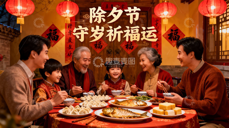高清大图下载【趣麦麦图】除夕团圆饭家人欢聚一堂