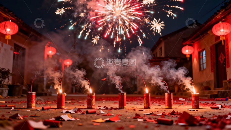 高清大图下载【趣麦麦图】夜空烟花绽放庭院红灯笼高挂