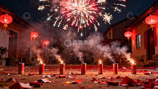 夜空烟花绽放庭院红灯笼高挂