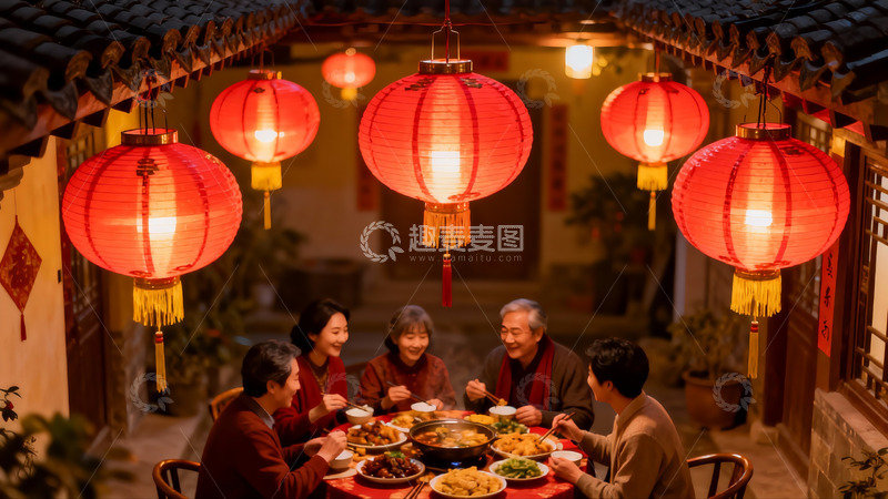 高清大图下载【趣麦麦图】红灯笼下家人聚餐其乐融融