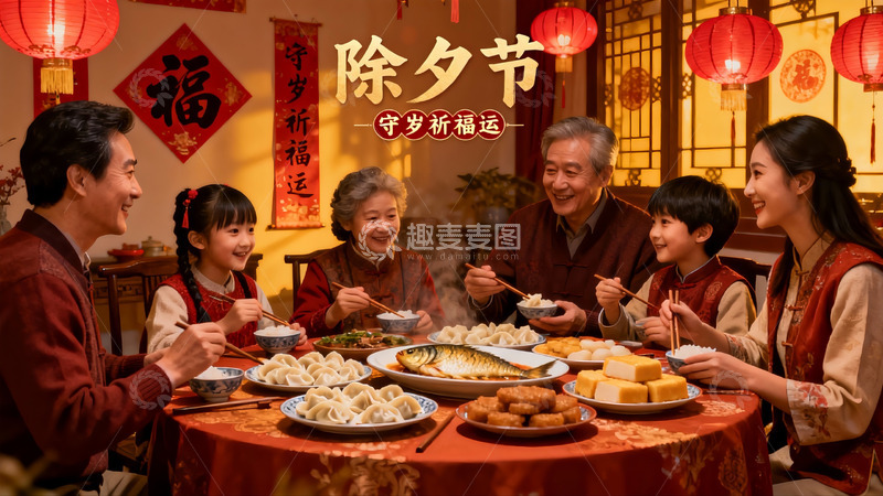 高清大图下载【趣麦麦图】除夕团圆饭家人欢聚一堂