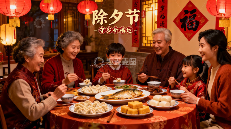 高清大图下载【趣麦麦图】除夕团圆饭家人欢聚一堂