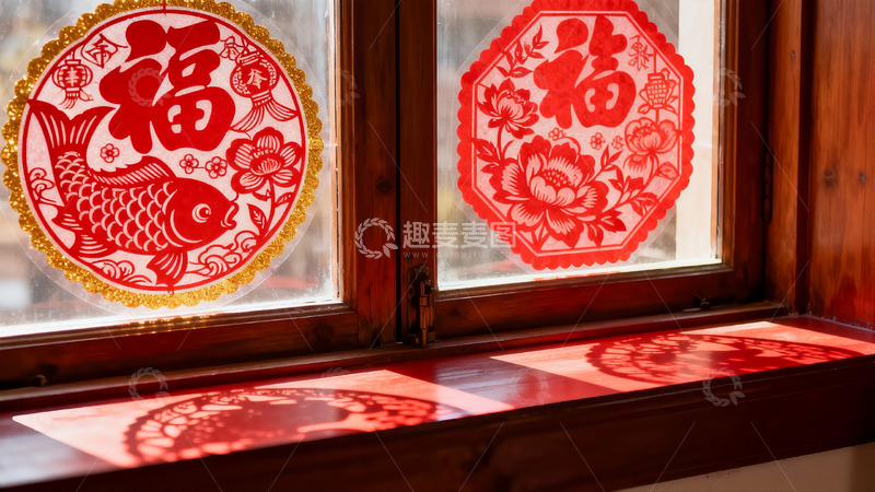 高清大图下载【趣麦麦图】窗上贴福字剪纸迎新年