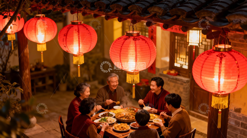 高清大图下载【趣麦麦图】古院夜宴团圆饭