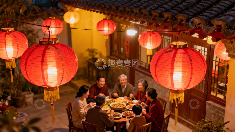 高清大图下载【趣麦麦图】月下庭院团圆饭红灯笼高挂
