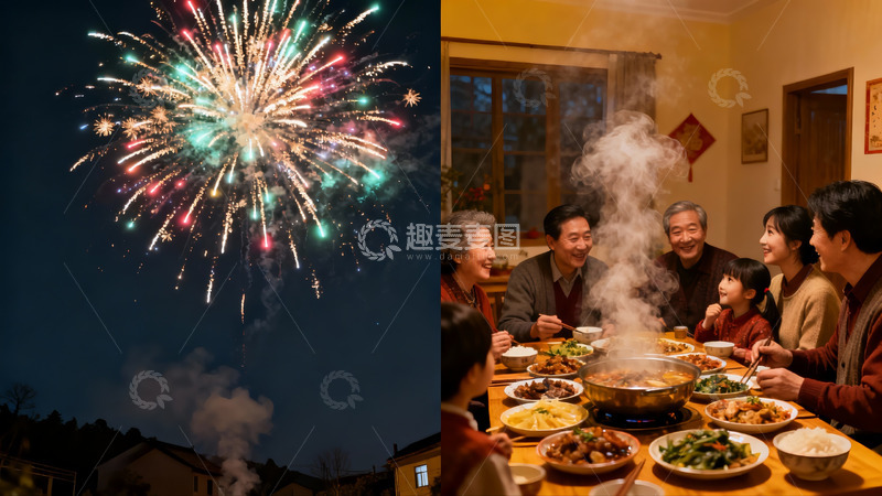 高清大图下载【趣麦麦图】烟花映照下的家庭聚餐场景