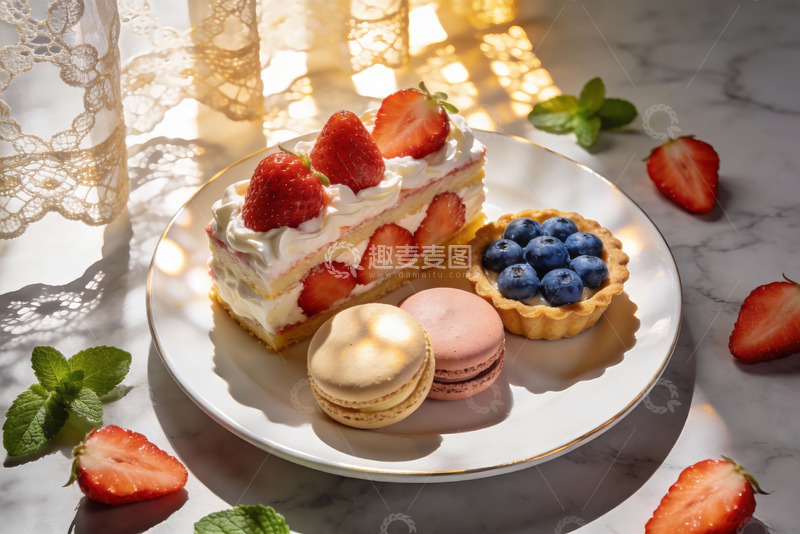 高清大图下载【趣麦麦图】阳光下的草莓甜点拼盘