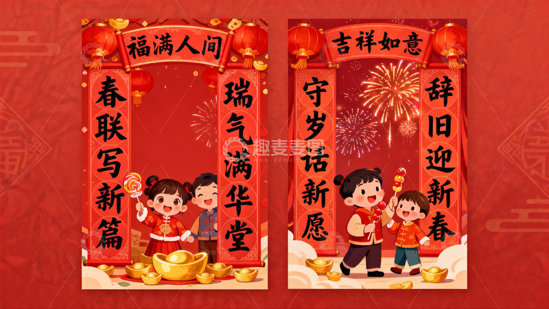 高清大图下载【趣麦麦图】春节喜庆对联插画
