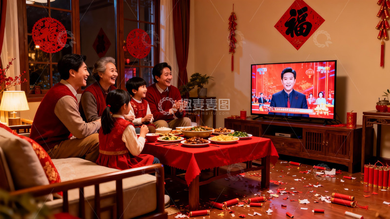 高清大图下载【趣麦麦图】春节家庭团聚看电视吃年夜饭