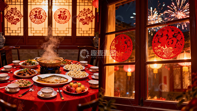 中式年夜饭窗外烟花绽放