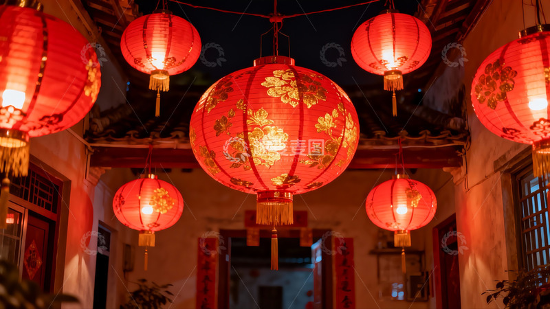高清大图下载【趣麦麦图】夜色古巷红灯笼高挂