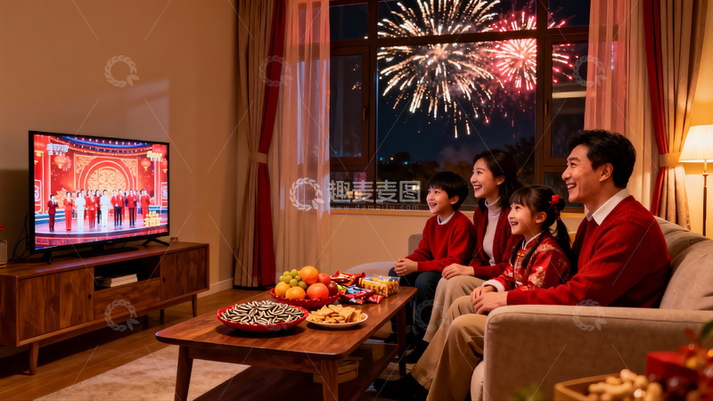 高清大图下载【趣麦麦图】全家观看春晚赏烟花