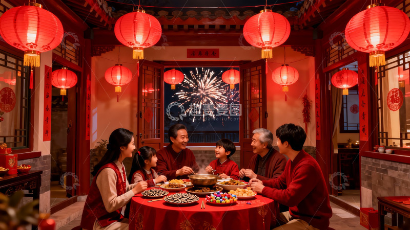 高清大图下载【趣麦麦图】春节家庭聚餐欢庆烟花绽放