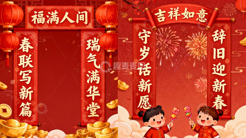 高清大图下载【趣麦麦图】春节喜庆对联与卡通儿童