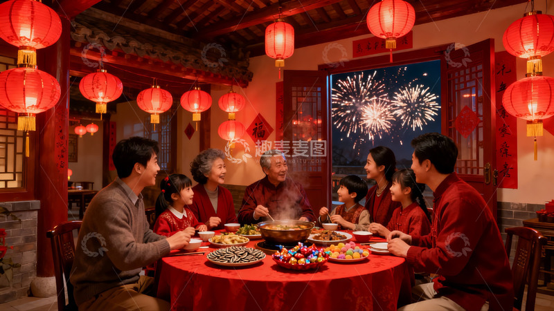高清大图下载【趣麦麦图】春节家庭聚餐欢庆烟花