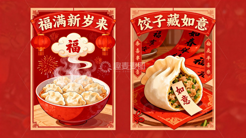 高清大图下载【趣麦麦图】春节饺子福字主题海报