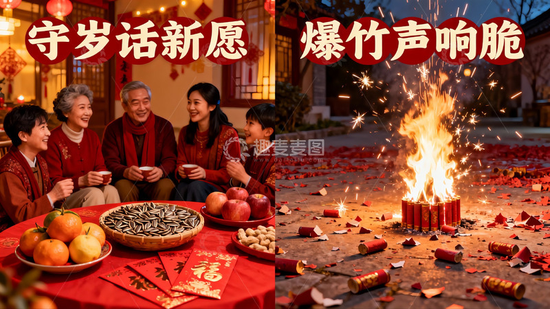 高清大图下载【趣麦麦图】春节家庭团聚燃放鞭炮庆祝