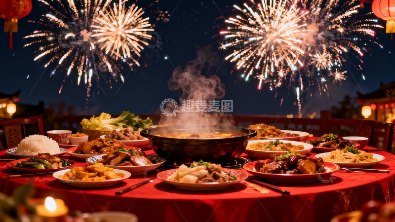 高清大图下载【趣麦麦图】夜空烟花下的丰盛团圆饭