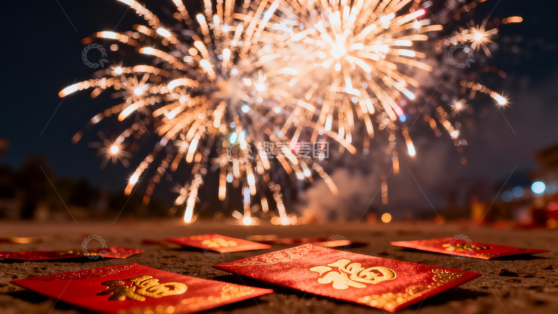 高清大图下载【趣麦麦图】夜空烟花与红色红包