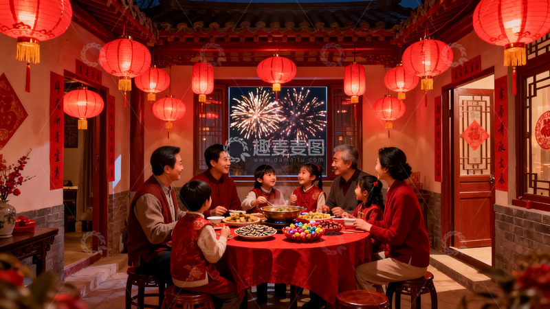 高清大图下载【趣麦麦图】春节家庭聚餐赏烟花