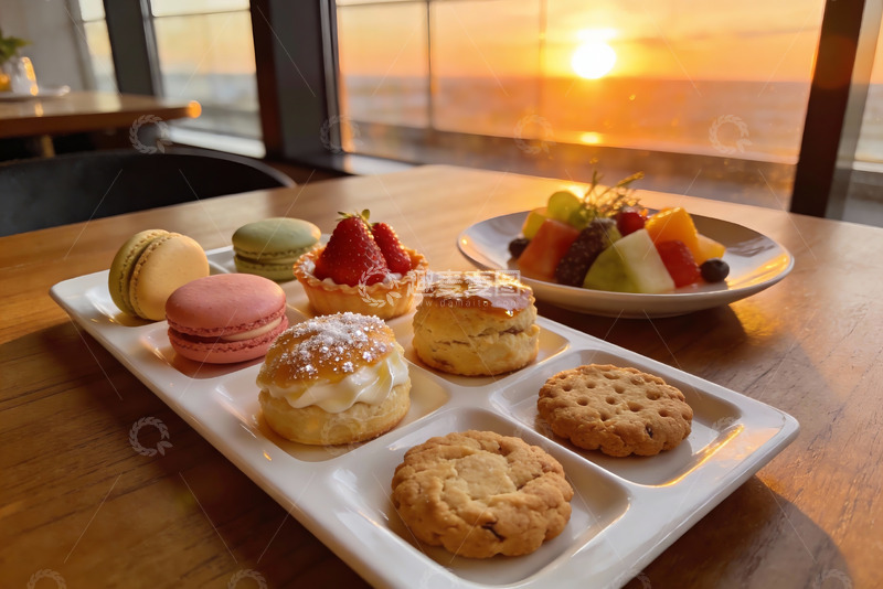 高清大图下载【趣麦麦图】夕阳西下甜点与水果