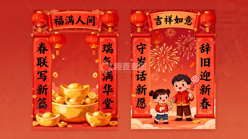 高清大图下载【趣麦麦图】春节喜庆对联与卡通人物