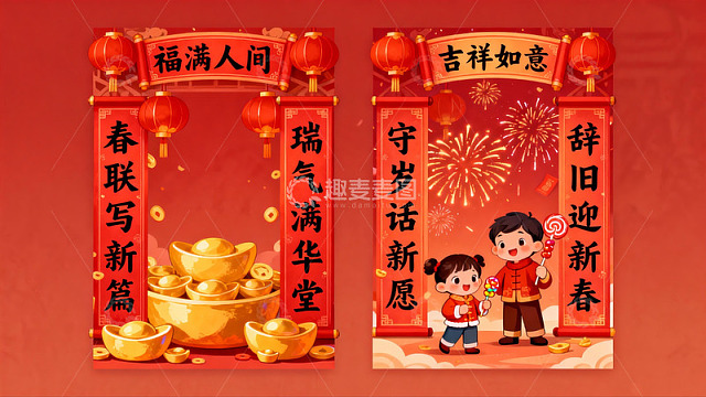 春节喜庆对联与卡通人物