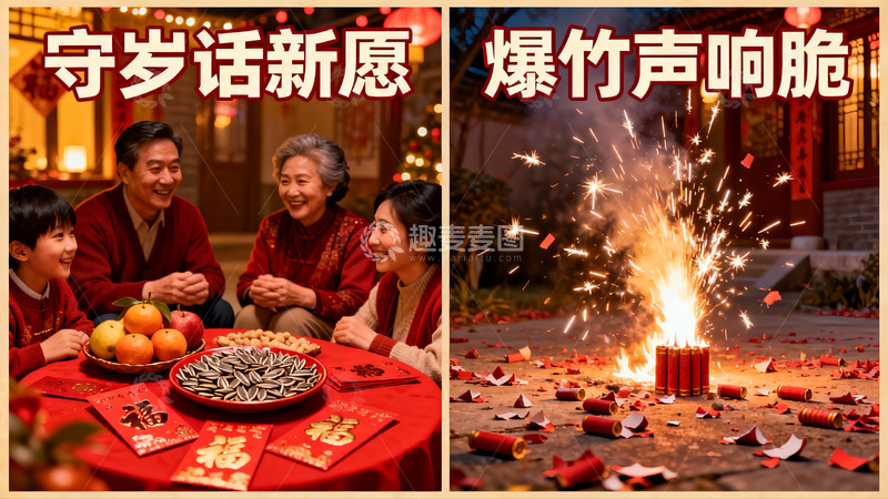 高清大图下载【趣麦麦图】春节家庭团聚与放鞭炮场景