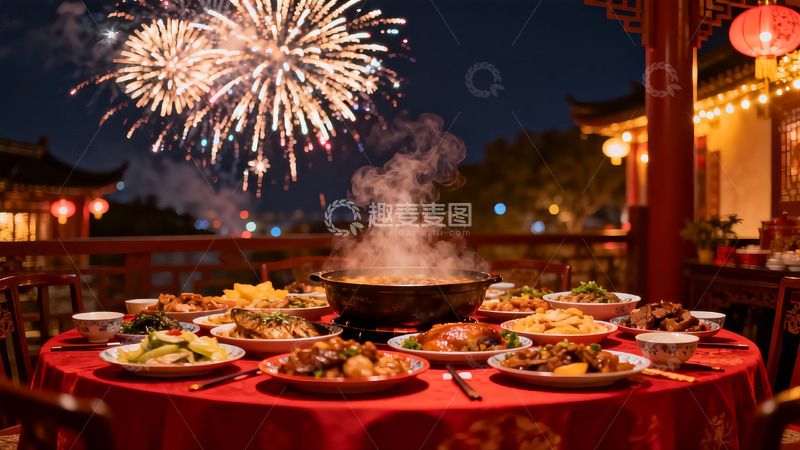 高清大图下载【趣麦麦图】夜宴烟花璀璨美食丰盛
