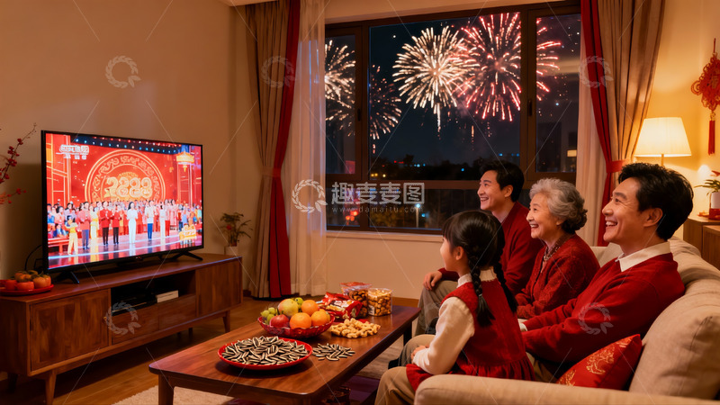 高清大图下载【趣麦麦图】春节家庭团聚观看烟花晚会